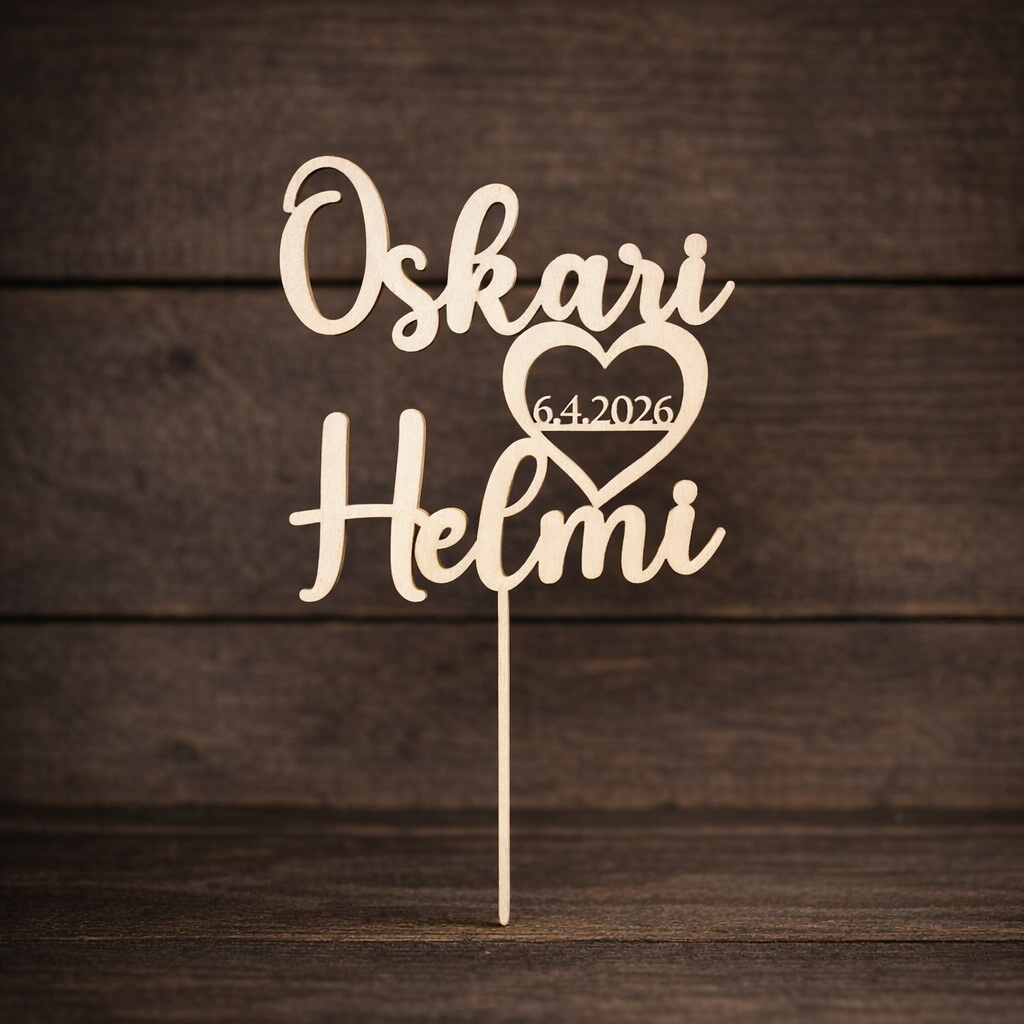 Hääkakkukoriste omilla nimillä ja päivämäärällä